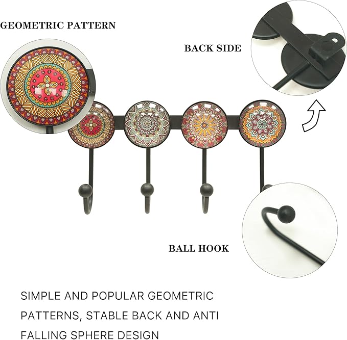 Coat Rack Wall Mounted with 4 Hooks, Round Brown Pattern Decorative Wall Hooks for Hanging Hat, Key, Towel, Purse, Bag and Robe, for Entryway Bathroom Organizer Hanger