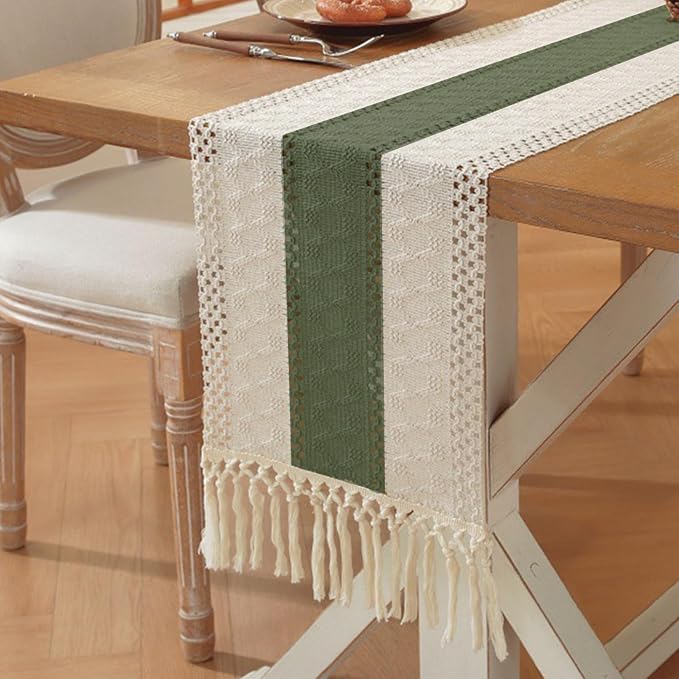 Niviy St Patricks Day Decorations Dark Green Table Runner 72 Inches Long with Tassels, Seasonal Spring Summer Washable Embroidered Striped Braided Boho Table Runners for Holiday Party 12 x 72 Inches