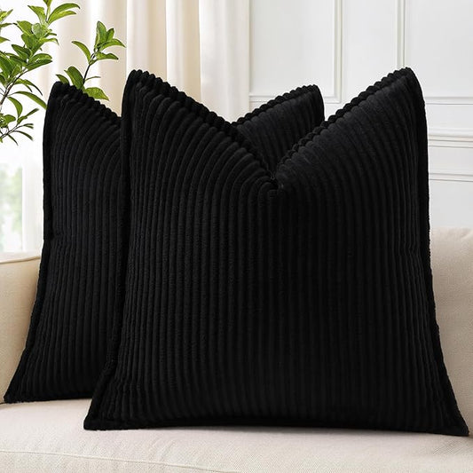 decorUhome Spring Corduroy Black Throw Pillow Covers 18x18 Set of 2 Decorative Soft Boho Farmhouse Couch Pillow Covers for Living Room Bed Sofa Broadside Striped Pillow Cases