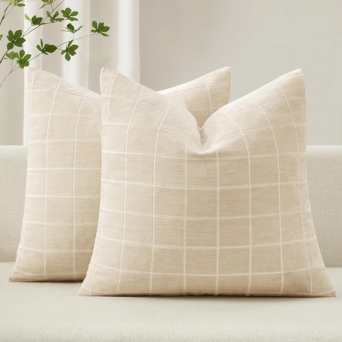 MIULEE Decorative Chenille Check Throw Pillow Covers Vintage Plaid Couch Pillows 16x16 Inch Set of 2 Neutral Boho Farmhouse Cushion Covers Modern Spring Home Decor for Sofa Bed Living Room Beige