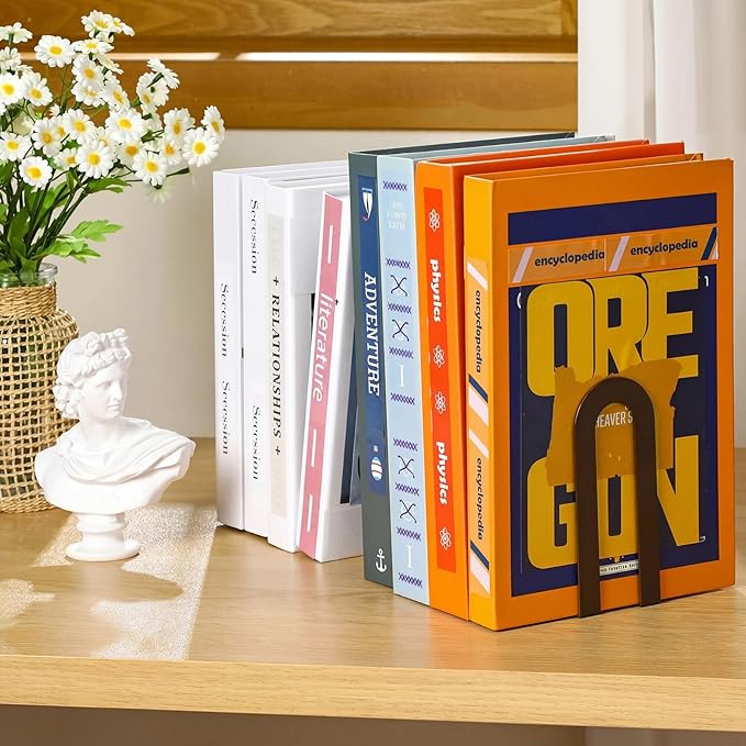 Chunful 6 Pcs Modern Metal Book Ends for Shelves Decorative Small Bookends Book Shelf Organizer Minimalist Design Stopper to Hold Books for Home Office (5.5 * 3.75 * 2.25inch,Bronze)