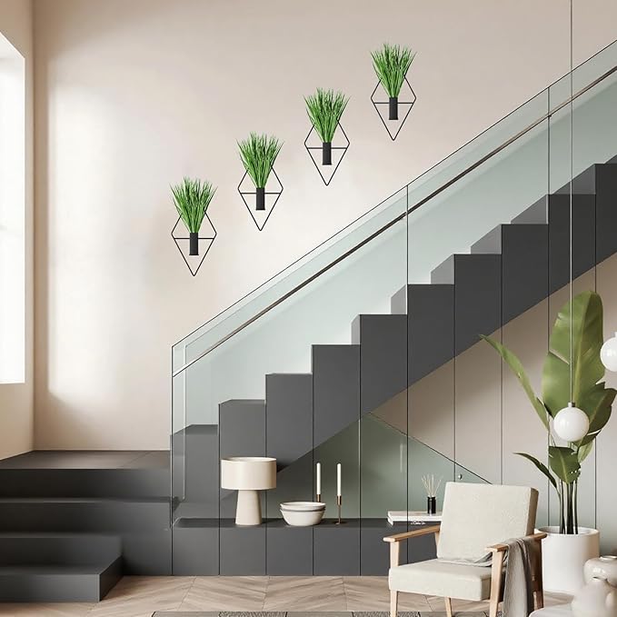 4 Pcs Black Metal Diamond - Shaped Hanging Planters with Artificial Plants: Ideal Indoor Wall Decor for Home & Office