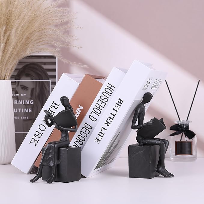 Reading Couple Bookshelf Decor Bookends Set of 2, Cast Iron Bookend for Office Desk, Living Room, Bedroom, Home Decorative Book Lovers Gifts (Reading Bookends)