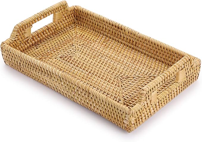 Hipiwe Rattan Serving Tray with Handles - Hand-Woven Decorative Tray for Storage Breakfast, Drinks, Snack,Rectangular Basket Organizer Tray for Coffee Table, Home Decor (Small)