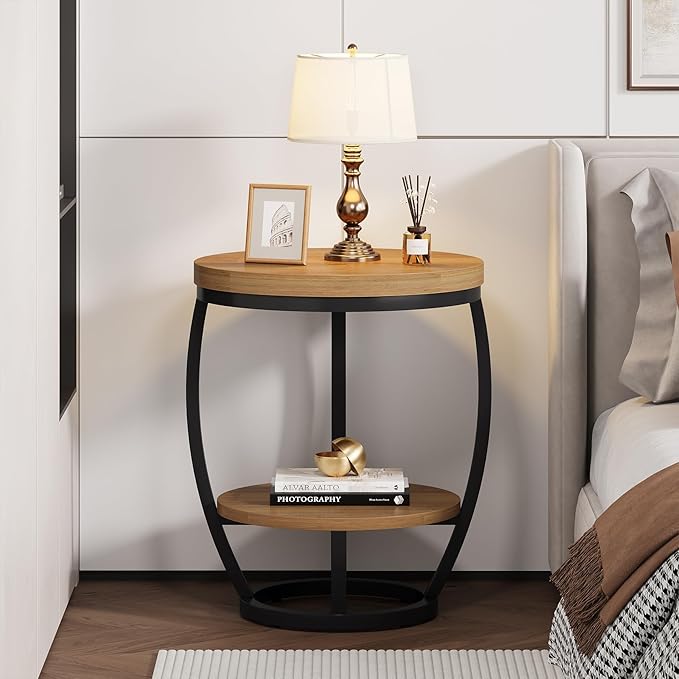 Round End Table, 2 Tier Industrial Side Table, Nightstand with Metal Frame, Accent Bedside Table with Storage Shelves for Living Room, Bedroom, Small Spaces, Light Brown & Black