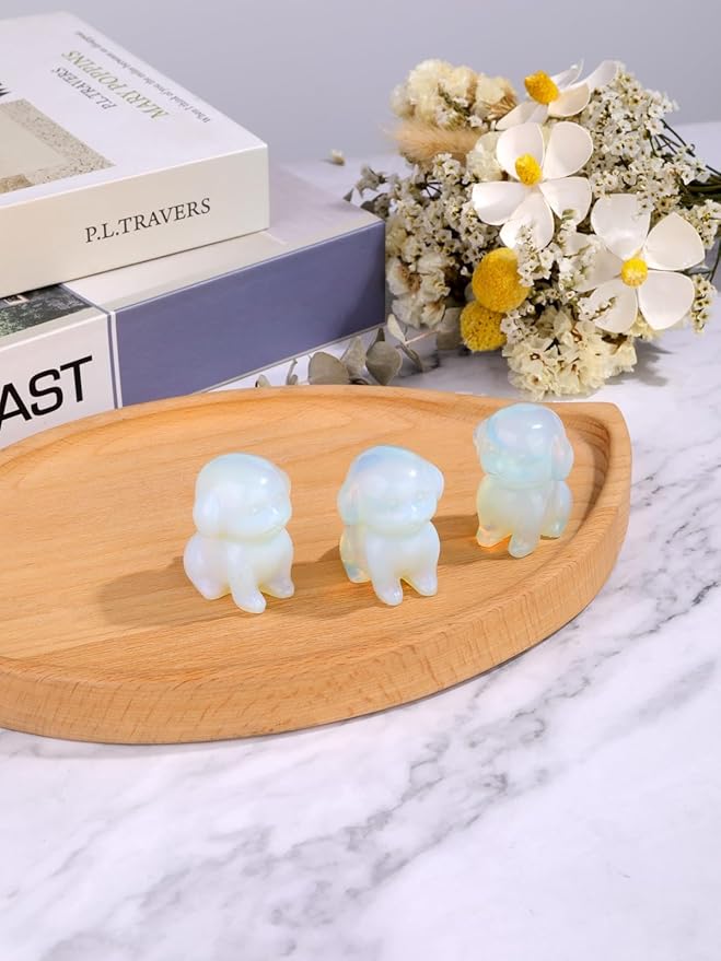 Jovivi Opalite Crystal Sitting Dog Statue Home Decor 1.6" Carved Gemstone Puppy Dog Figurines Pocket Sculpture Reiki Healing Stones Decorative Ornament Gift
