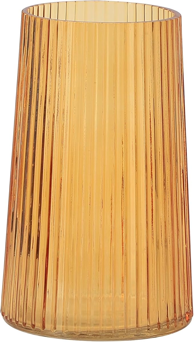 Amber Glass Vase for Flower, Flower Vase for Bouquet, Modern Glass Vases, Ribbed Vases for Living Room, Bedroom, Dining Table, Office, Wedding, Centerpieces, 8 Inches