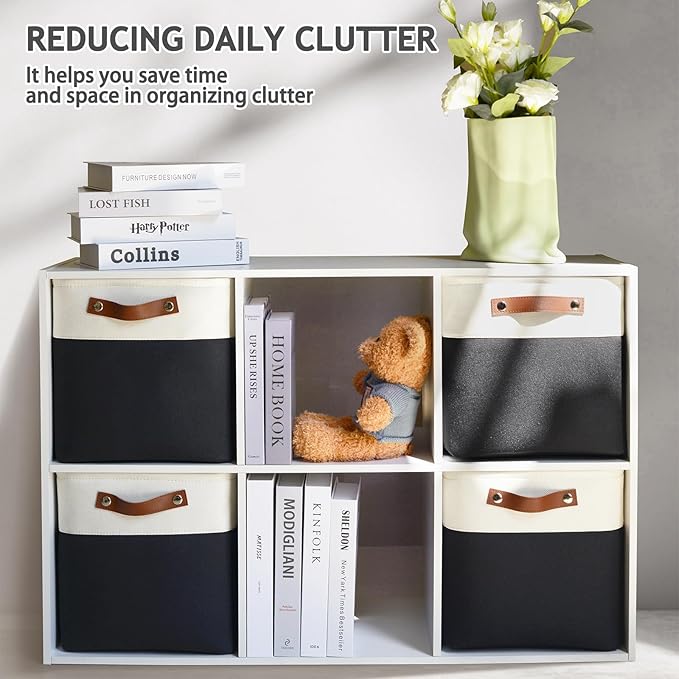 13 Inch Cube Storage Bins,Set of 4, Foldable Storage Basket with PU Handles for Organizing Home, Closet, Laundry, Office, Organizers for Shelves(White/Black)
