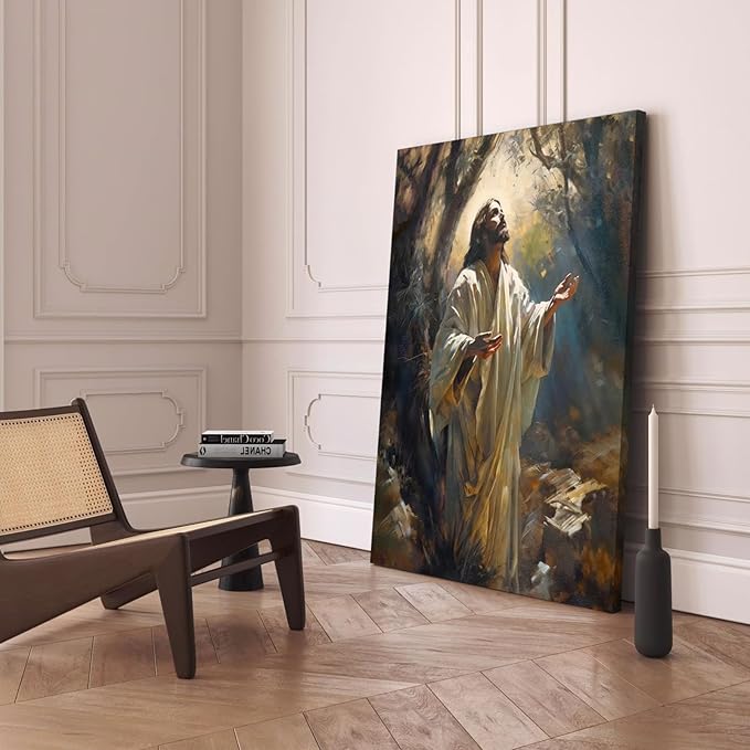 Aglcatie Jesus Canvas Wall Art Christian Wall Decor Pictures Painting Jesus Praying in the Garden of Gethsemane Printed Poster for Living Room Bedroom Church Decoration Framed 12x16 in