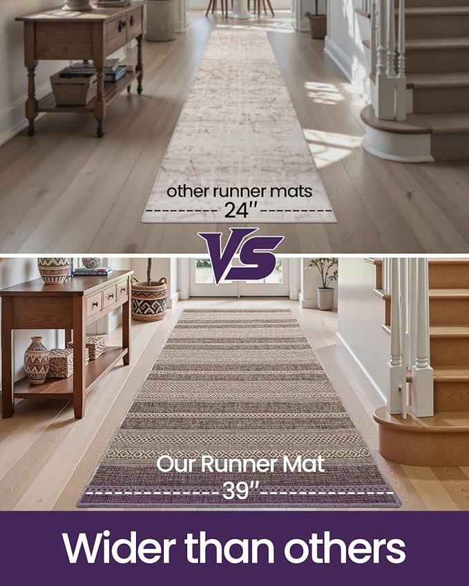 DEXI Hallway Runner Rug 3.3x6.7, Woven Braided Farmhouse Runner Carpet Indoor, Absorbent Thin Long Entryway Runners for Kitchen, Laundry Room, Patio Entrance, Striped Brown