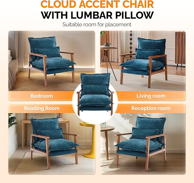 VINGLI Mid-Century Modern Cloud Accent Armchair with Lumbar Pillow, 6.3'' Thick Seat Cushion Comfortable Reading Chair with Wooden Armrests，Boho Lounge Chair for Bedroom, Living Room, Chenille, Teal