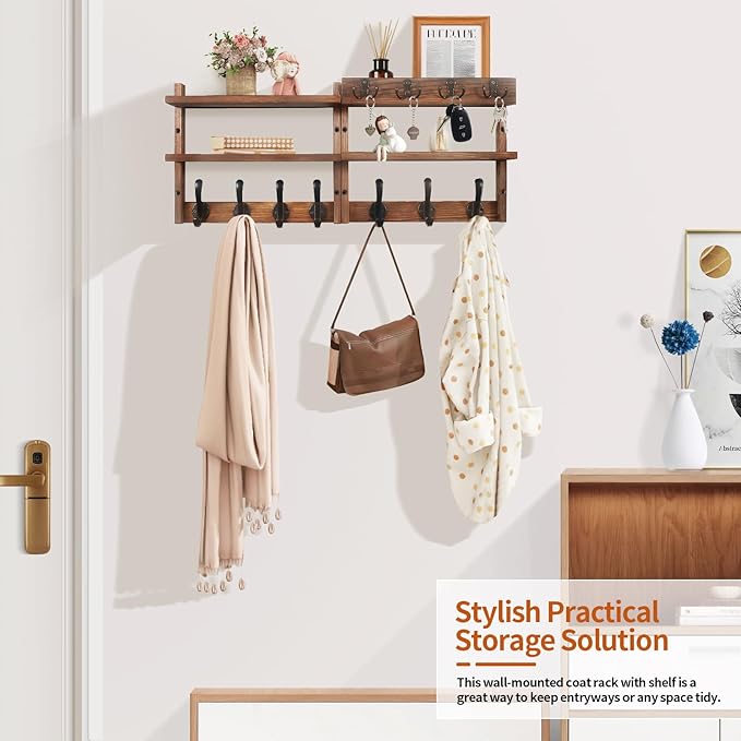 29" Coat Rack Wall Mount with Shelf, Pine Two-Tier Wall Shelf Mounted Coat and Key Hanger with 7 Heavy Duty Hooks 4 Key Hooks, Entryway Key Holder with Mail Holder for Bedroom,Living Room (Brown)