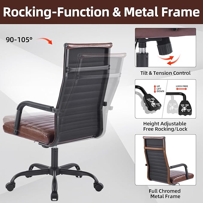 Haranuo Office Chair, Ergonomic Executive Conference Room Chairs, Ribbed Leather Desk Chair with Lumbar Support, Adjustable Height Mid-Back Swivel Chair with Padded Seat and Square Tube Armrests