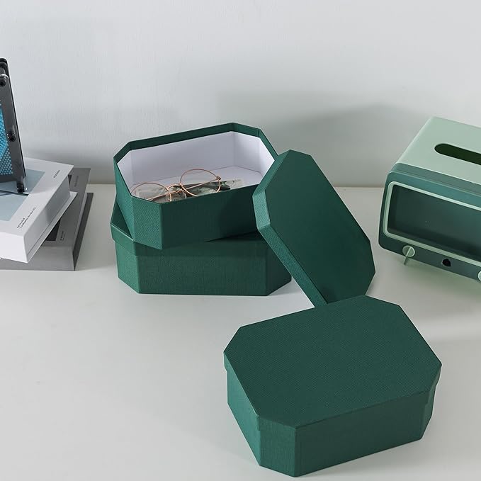 Soul & Lane Octagon Textured Decorative Boxes for Organizing, Set of 3 Nesting Cardboard Storage Containers for Gifts, Durable Memory Boxes for Keepsakes, Forest Green