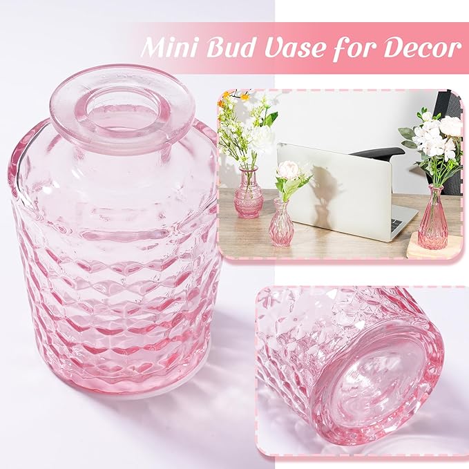 Inbagi 20 Pcs Glass Bud Vase Set - Pink Small Flower Vases Bulk, Vintage Embossed Decorative Bottles for Wedding Valentine Home Table Centerpieces Decor