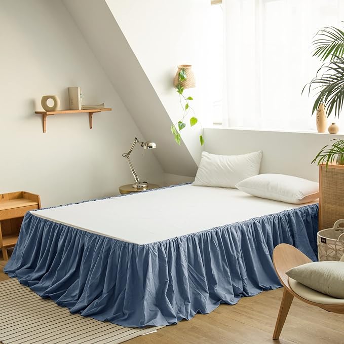 BISELINA French Linen Bed Skirt with Pleated Frills 22-Inch Tailored Drop Natural Flax Cotton Blend Dust Ruffle Soft Cozy Farmhouse Bedding (22" Queen, Navy Blue)