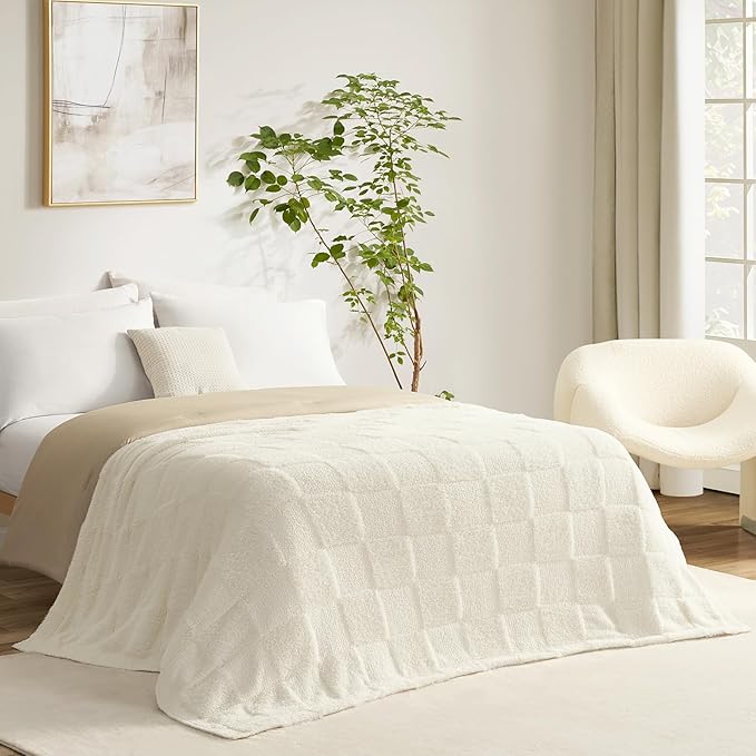 Snuggle Sac Checkered Throw Blanket Faux Fur Microfiber Blankets for Couch,Cozy Soft Warm Blanket for Sofa Bedroom Living Room,Solid Ivory,60x80 inches