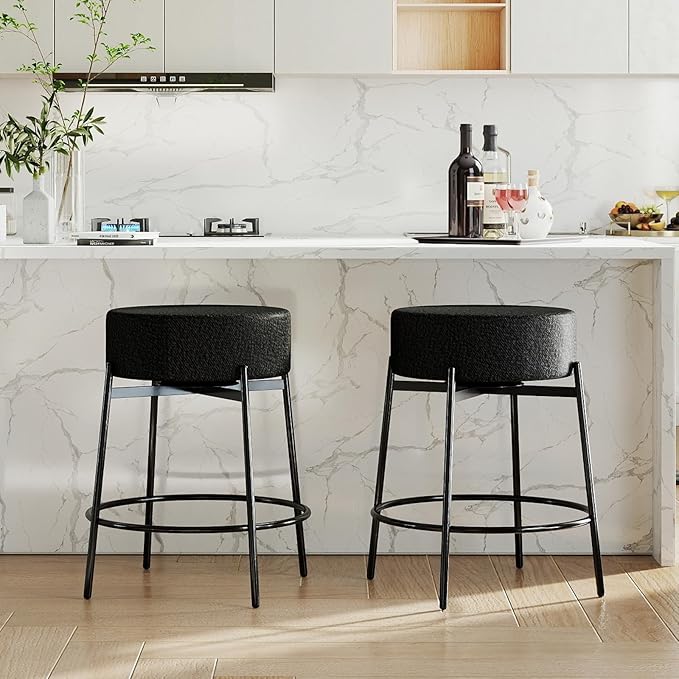 SoarFlash Modern Rotatable Bar Stools Set of 2, 24" Sherpa Swivel Counter Height Stools with Round Soft Padded Boucle Backless Seat, Black