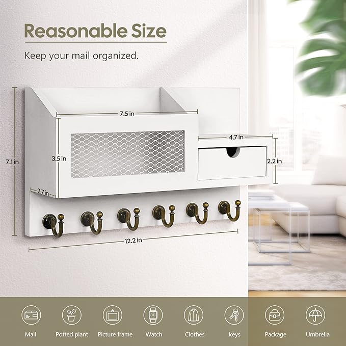 FifthQuarter Key and Mail Holder for Wall, Mail Organizer Wall Mount with 6 Hooks and Storage Drawer, Easy Installation Key Rack for Entryway and Home Decor (B-White)