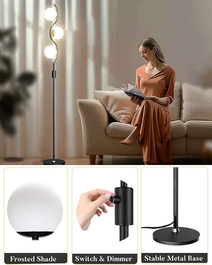 ACOHOOK Dimmable Globe Floor Lamp Black Standing Lamps with 3 Soft Warm White 3000K Bulbs, Mid Century Modern Floor Lamp for Living Room Bedroom Home Decor