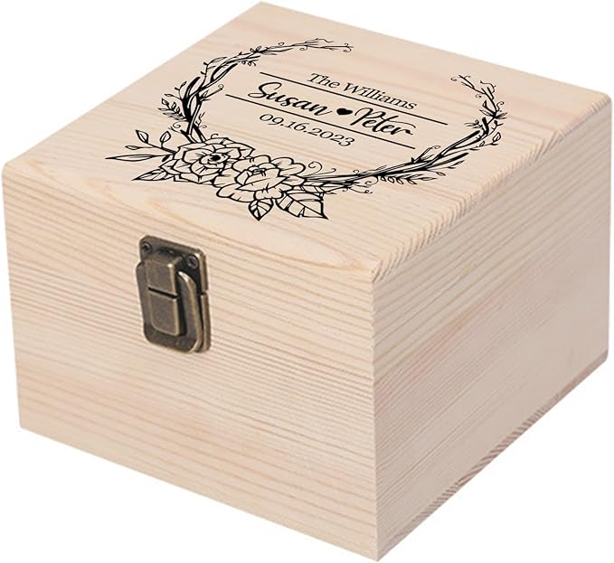 Personalized Wedding Keepsake Box Custom Name Date, Wooden Memory Box Wedding Gift Box for Couples Newlyweds - Customized Gifts for Bridal Shower Anniversary Engagement Christmas