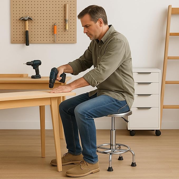 Adjustable Work Stool, Stainless Steel Office Chair, Round Stool Chair, Designed Ergonomics, Non-Slip Foot Pads