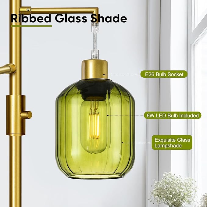 LVYE Glass Floor Lamps for Living Room, Modern Standing Lamps with Green Shade, Dimmable Green Tall Floor Lamp, Mid Century Gold 3 Lights Tall Tree Lamp with 3 LED Bulbs