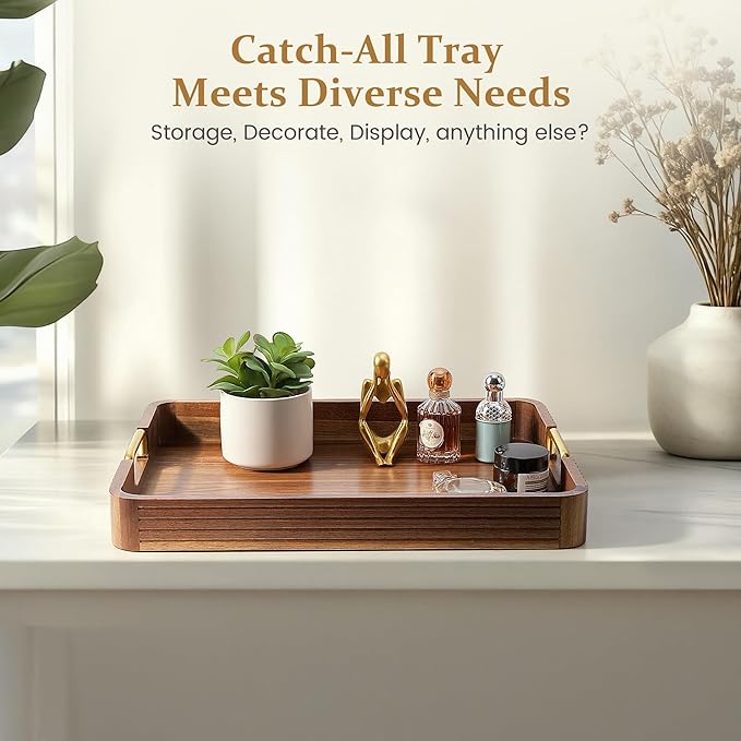 Acacia Wood Serving Tray with Metal Handles  – 17x13in Rustic Decorative Ottoman & Coffee Table Tray for Breakfast in Bed, Dinner, Bar, Kitchen, Home Décor & Entertaining