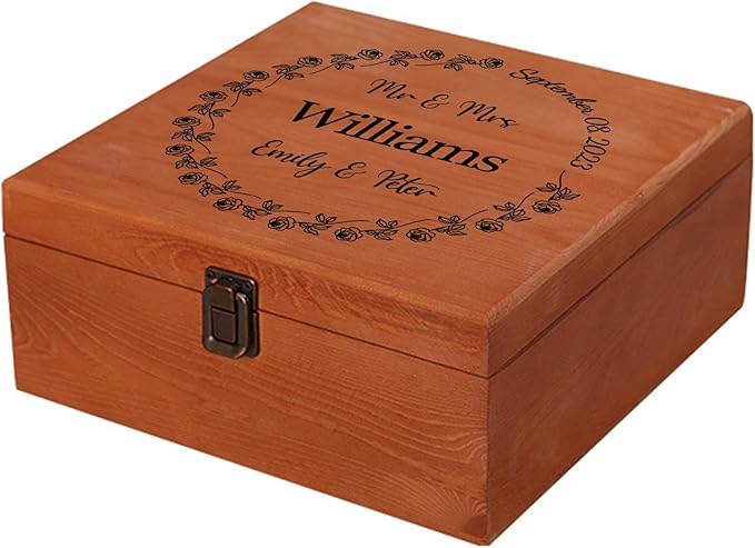 Personalized Wedding Keepsake Box Custom Name Date, Wooden Memory Box Wedding Gift Box for Couples Newlyweds - Customized Gifts for Bridal Shower Anniversary Engagement Christmas