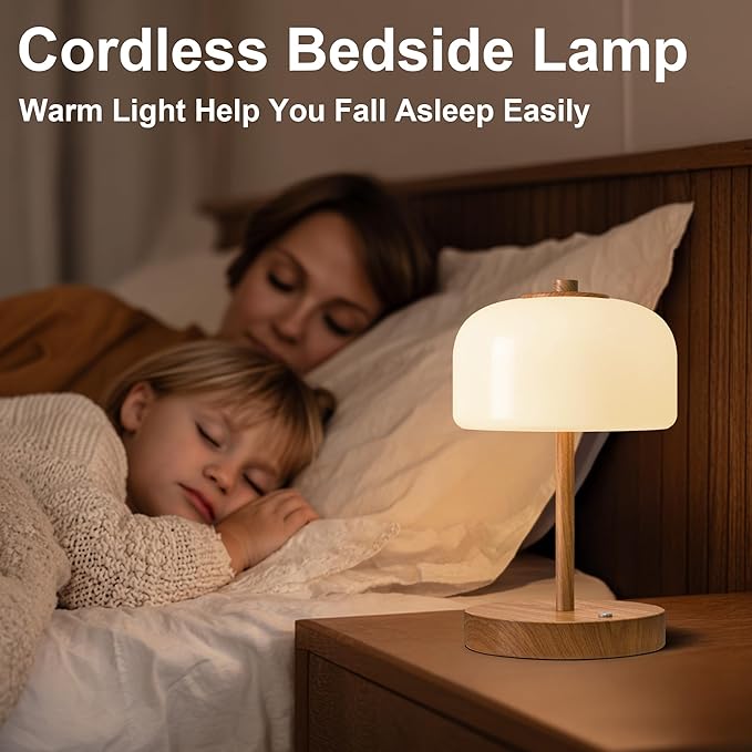 Oneach 9" Cordless Table Lamp, Wood Grain Rechargeable Battery Operated Lamp, 3-Way Stepless Dimming Touch Lamps, Small Glass Bedside Nightstand Light for Bedroom Dining Table Living Room Shelf Decor