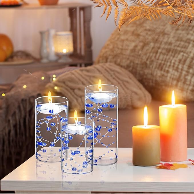 6 Set Glass Cylinder Vase with 8 Artificial Pearl String 12 White Floating Candle Multi-Size Cylinder Vase for Centerpieces 4"+ 6" + 8" Glass for Wedding Party Table Decor (6 Pcs-Blue)