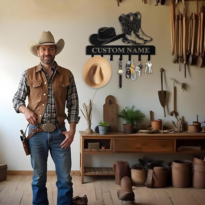 Personalized Cowboy Coat Hooks, Cowboy Boots and Hat Key Holder for Wall, Clothes Cowboy Hat Rack and Backpack Hanger, Western Wall Decor, Metal Key Rack Organizer for Storage Hallway Office Color04