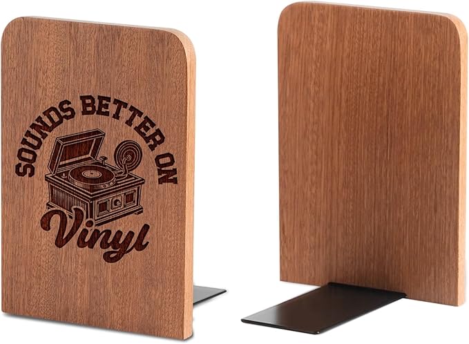 Gifts for Vinyl Record Lovers, Bookends for Vinyl Records, Vinyl Record Storage, Novelty Bookends Unique, Heavy Duty Wooden Book Ends for Shelves Decorative(1 Pair, 4.72x6.69 Inches)