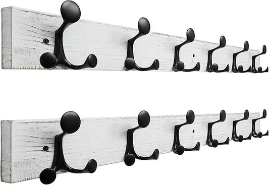 SKOLOO 36-Inch Wood Coat Rack Wall Mount with 6 Triple Hooks - Ideal for Family Entrances, Classrooms, and Pet Supplies Storage - Perfect Coat Hooks for Wall,Distressed White Wash, Pack of 2