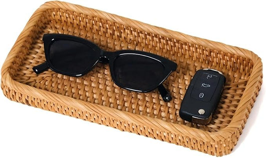 Small Rattan Serving Tray, Woven Rectangle Tray Key Basket for Entryway Table, Natural Wicker Trays Fruit Bowl Decorative Baskets for Bathroom