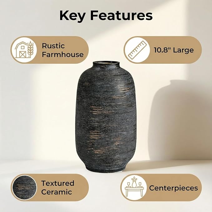 Black Ceramic Vase, Large Textured Rustic Farmhouse Decorative Vase for Centerpieces, 10.8" Black Bronze Flower Vase for Home Decor