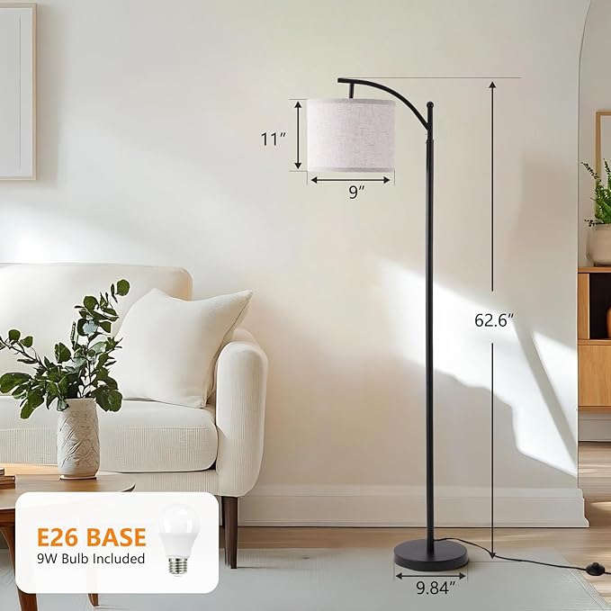 YJSQOEOE Arc Floor Lamp with 3 Color Temperatures, 9W LED Remote-Controlled Light, Tall lamp with Foot Switch and Timer Function, Modern Standing Lamp for Living Room, Bedroom, Office Reading, Black