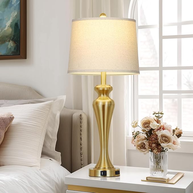 30 Inch Gold Single Table Lamp, 3-Way Dimmable Touch Control Bedside Lamps with USB A+C Ports and AC Outlet, Metal Brass Bedroom Lamps for Night stand, Modern Tall Lamp for Living room end table