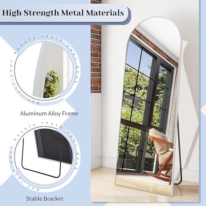 BEAUTYPEAK 64"x21" Full Length Mirror, Arch Full Body Floor Mirror, Wall Mirrors Hanging or Leaning Arched-Top with Stand for Bedroom, Dressing Room, Living Room, Silver