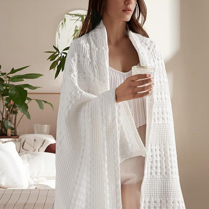PHF 100% Cotton Waffle Weave Throw Blanket, Soft Lightweight Breathable Cozy Throws for Couch Bed Sofa, 300 GSM Luxury Aesthetic Blanket Gift for Home Decor & Office, 50"x60", White