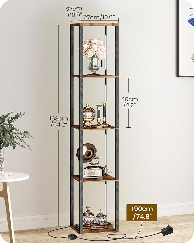 GOEBLESON 64.2" Display Shelf with Light, Modern Corner Floor Lampe with Shelves, LED Dimmable Standing Lamp with Remote for Living Room, Bedroom, Office, Adjustable CCT, Rustic Brown Square F51LD05