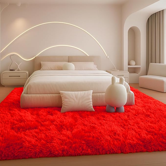 Mtandyx 5x7 Plush Fluffy Area Rugs, Large Soft Carpet, Upgraded Non-Slip Rectangular Rug for Living Room, Bedroom, Kids Room, Dorm,Modern Home Decor Aesthetic,Red.