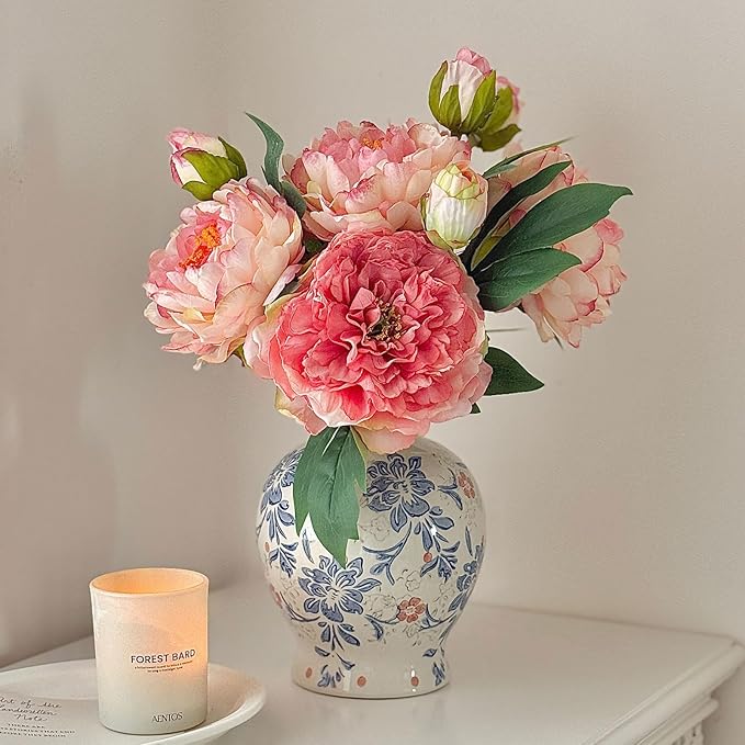 Vintage Blue and White Ceramic Vase, Classic Decorative Porcelain Flower Vase for Centerpiece Living Room Table Shelf, Chinoiserie Country Decor