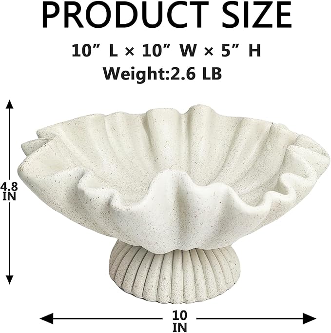 Scalloped Ruffle Decorative Bowl for Home Decor - Large Resin Pedestal Bowl - 10" Key and Purse Bowls for Entryway Table, Artificial Coastal Decor Light Beige