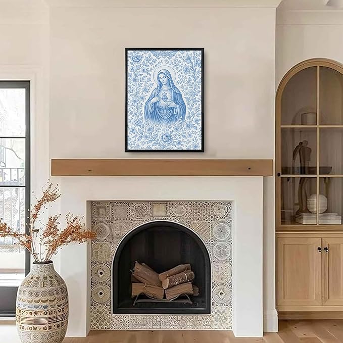 Framed Blue Virgin Mary Immaculate Heart Canvas Wall Art Christian Catholic Wall Decor Our Lady of Guadalupe Portrait Poster Prints Religious Bible Artwork for Living Room Prayer Room Church 12x16in