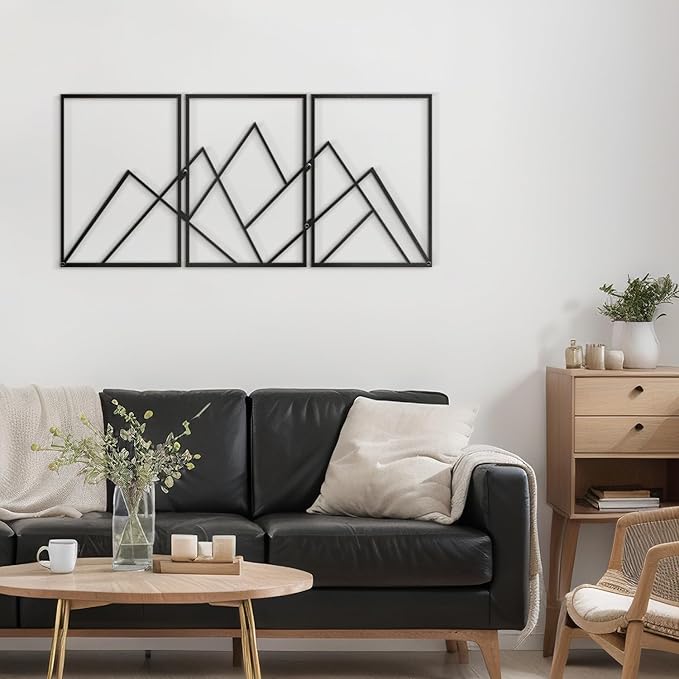 SIGNLEADER Metal Wall Decor Triangle Mountains Line Minimalist Modern Luxury Wall Sculpture Hangings 3D Statue Home Decoration for Living Room, Bedroom, Bathroom, Kitchen, Fireplace, Office - 24" Black