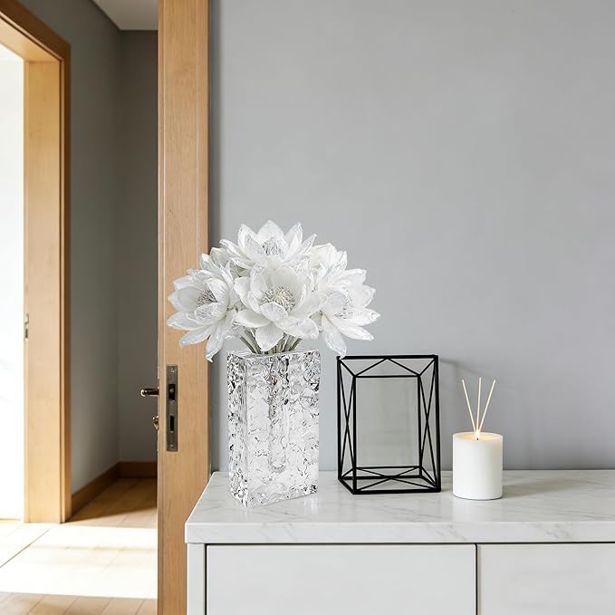 Crystal Flower Vase with Glacial Texture, Clear, Handcrafted Centerpiece for Wedding, Home Decor, Table Display