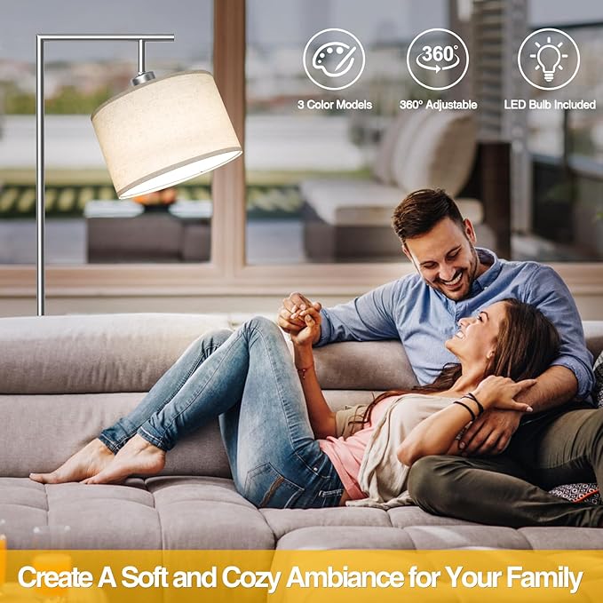 CNXIN Floor Lamp for Living Room with 3 Color Temperatures Standing Lamp with Adjustable Beige Linen Lampshade Tall Lamps for Bedroom Office Classroom Dorm Room, 9W LED Bulb Included, Silver