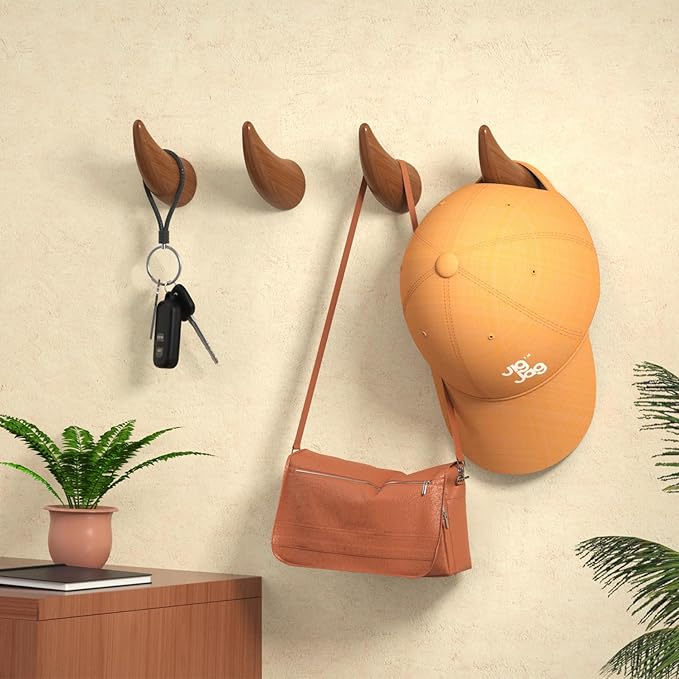 World’s Only - Unique Wall Hooks, 2 Pack Coat Hooks, Horn Shape Design, Decorative Bag Hooks, Cowboy Hat Rack for Wall – Natural, Space-Saving, Baseball Cap Organizer