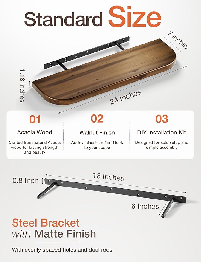 BATODA Set of 2 24” Acacia Floating Shelves for Wall (Round Edge) - Floating Bookshelf Wall - Storage Wood Shelves for House Decor, Kitchen, Bathroom - Brackets and Hardware Included (Walnut Color)